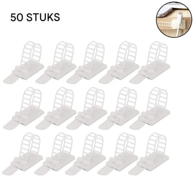 TOVBMUP 50-delige snoerclips set – verstelbare kabelbinders met ritssluiting, lijm & snoerbeschermers – bureausnoerorganizer - Wit