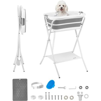 VEVOR Hondenbad 28L, Verhoogd Huisdierenbad met Metalen Frame, Afvoer & Opbergplank, Opvouwbaar Huisdierenbad voor het Baden en Verzorgen van Kleine Honden en Katten tot 8 Kg, Draagbare Hondendouche, Grijs & Wit