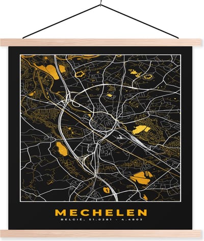 Posterhanger incl. Poster 40x40 cm - Schoolplaat - Stadskaart - Mechelen - Goud - Plattegrond - Kaart - Textielposter - Blanke latten - Stadskaart