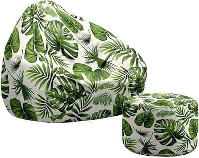 Zitzak met kruk - Zitpoef hoes - Ontspannen Zitten - Met rugleuning - 70x80+20x30cm - Groene bladeren