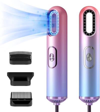 Ionische Bladloze Haardroger - Krachtige AC Motor - Compact & Lichtgewicht - Professionele Föhn - met 3 Opzetstukken - Constante Temperatuur - Anti-Frizz - Ideaal voor Thuis & Reizen - Gradiënt Paars/Blauw