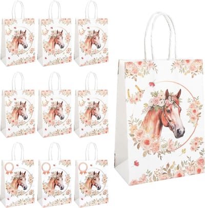 10 stuks feesttassen voor paardenfeest, cadeauzakjes met naamhanger, papieren zakken met handvat voor verjaardagsfeesten en evenementen