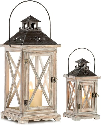 Lantaarn van hout, grote houten lantaarns, windlicht, tuinlantaarn, set van 2 stuks, rustieke landhuiskaarsenstandaard voor kaarsen, vintage, bruiloft, Kerstmis, tafeldecoratie voor binnen en buiten, decoratie, 28 cm/48 cm