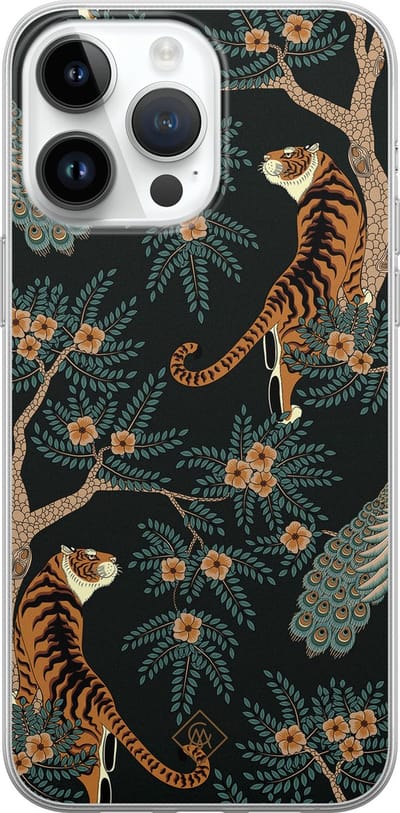 Casimoda® hoesje - Geschikt voor iPhone 14 Pro Max - Tijger Jungle - Siliconen/TPU telefoonhoesje - Backcover - Tijger - Bruin/beige