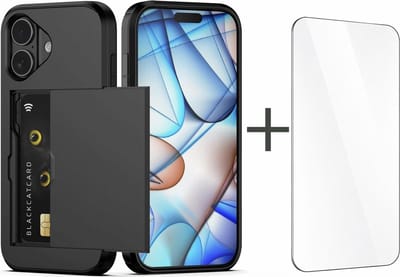 YPCd Hardcase Pasjeshouder Hoesje – Geschikt voor Apple iPhone 16 – Shockproof Backcover met Verborgen Kaartvak – Inclusief Glazen Screenprotector – Zwart