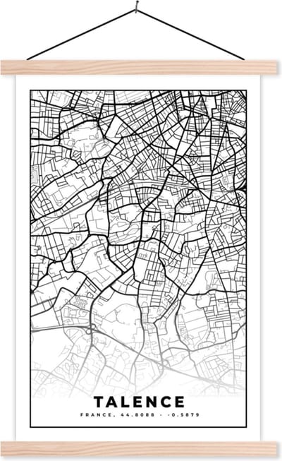 Posterhanger incl. Poster 40x60 cm - Schoolplaat - Talence - Kaart - Plattegrond - Frankrijk - Stadskaart - Zwart wit - Textielposter - Blanke latten - Stadskaart