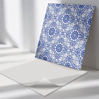 Wallfluent Vinyl Tegels - Bloemenmotiefpatroon Wand PVC Tegels - 30 cm x 30 cm - Blauw Vinyl Tegels - Verpakking van 9 stuks - Vierkant PVC Tegels - Patroon Plaktegels - Vinyl Tegels Zelfklevend - Plaktegels Keuken en Badkamer