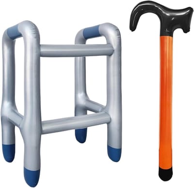 Opblaasbaar Loopframe en Wandelstok Set, Grappig Kostuumaccessoire voor Grootouders, Ideaal voor Carnaval, Verjaardag of Pensioenfeest