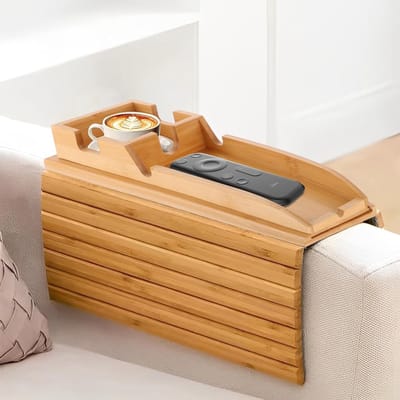 Flexibele Bamboe Sofa Tray voor Armleuning - Opvouwbare Niet-Slip Tray voor Snacks, Dranken en Afstandsbediening