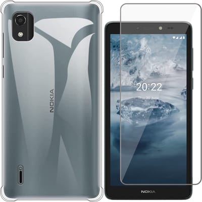 Hoesje geschikt voor Nokia C2 2nd Edition - Anti Shock Proof Siliconen Back Cover Case Hoes Transparant - Tempered Glass Screenprotector