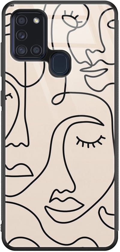 Hoesje geschikt voor Samsung Galaxy A21s - Abstract gezicht lijnen - Luxe Glazen Hardcase - Print / Illustratie - Bruin