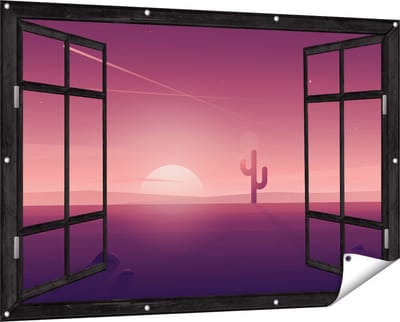 Gards Tuinposter Doorkijk Zonsondergang in de Woestijn met een Cactus - 150x100 cm - Tuindoek - Tuindecoratie - Wanddecoratie buiten - Tuinschilderij