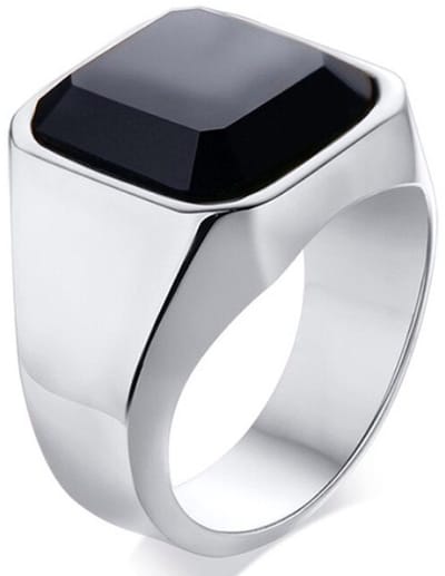 Zegelring Heren Zilver kleurig met Zwarte Steen - Staal - Ring Ringen Mannen - Papa Cadeau Voor Mannen - Vaderdag