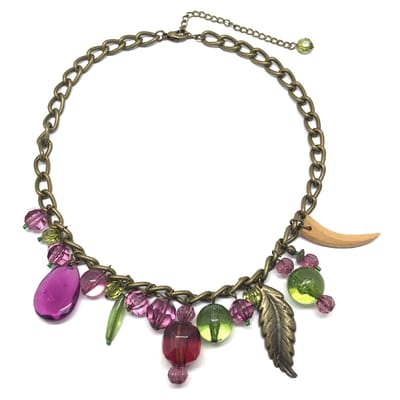 Behave Ketting - dames - goud kleur - paars - groen - hangers - kralen - veer - 42 cm