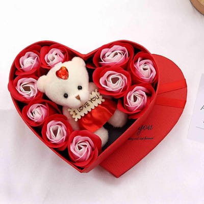 Valentijnsdagcadeauset 2026, inclusief 10 luxe kunstrozen en een schattige teddybeer, een romantisch verjaardagscadeau en Valentijnsdagdecoratie.