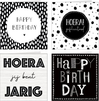 4x verjaardagskaarten | BLACK & WHITE | wenskaarten / set kaarten met enveloppen | jarig / verjaardag | zwart & wit
