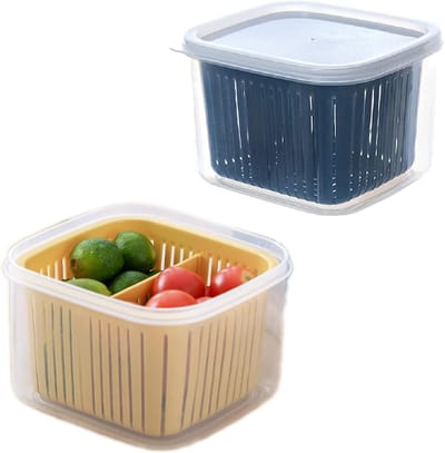 Daity Set van twee voedselbewaardozen met gaas (13 * 12 * 9 cm) - BPA-vrije bewaardozen voor in de koelkast - verstelbare bewaardozen met twee compartimenten voor het bewaren van fruit - groenten en salades (geel en blauw).