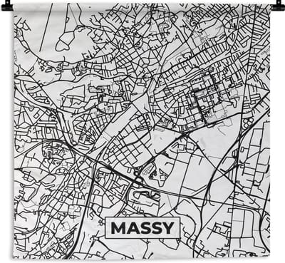 Wandkleed - Wanddoek - Plattegrond - Kaart - Massy - Frankrijk - Stadskaart - Zwart wit - 180x180 cm - Wandtapijt