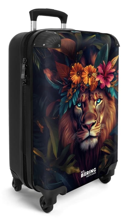 NoBoringSuitcases.com® - Handbagage koffer lichtgewicht - Reiskoffer trolley - Leeuw met bloemenkroon in jungle - Rolkoffer met wieltjes - Travel suitcase cabin - Reistrolley met TSA slot - Past binnen 55x40x20 en 55x35x25 - Kleine valiezen
