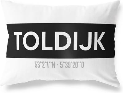 Tuinkussen TOLDIJK - GELDERLAND met coördinaten - Buitenkussen - Bootkussen - Weerbestendig - Jouw Plaats - Studio216 - Modern - Zwart-Wit - 50x30cm