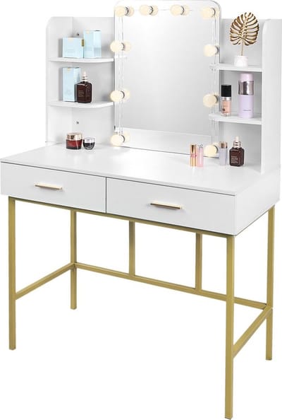 Luxe Kaptafel – Met Spiegel – Bureau – Make Up Tafel met Verlichting – Huishouden – 2 Lades – Voor Slaapkamer – Hoogwaardig Materiaal – Wit