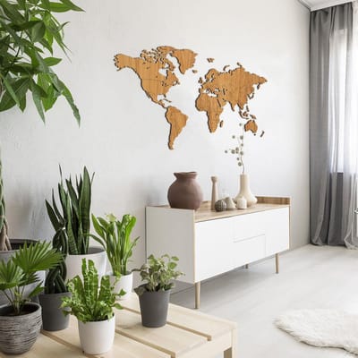 Wereldkaart van Hout - Eiken - Large (135 x 65 cm) - Mercator projectie - wanddecoratie - design - muurdecoratie hout