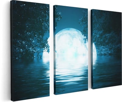 Artaza Canvas Schilderij Drieluik Volle Maan in het Water - 120x80 cm - Wanddecoratie Woonkamer - Schilderijen - Muurdecoratie