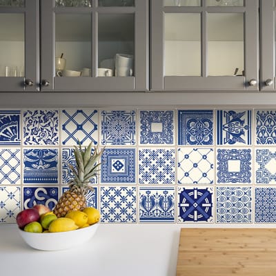 Zelfklevende tegelmuurstickers voor keuken en badkamer - 24 cementtegelstickers, Azulejos Dionisio-stijl - 24 stickers, 10x10 cm