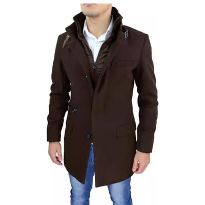 Jas Japans en Koreaans Rits Grote Maat Geribbelde Kraag Nieuwe Woljas Mannen 2XL donkerbruine kleur