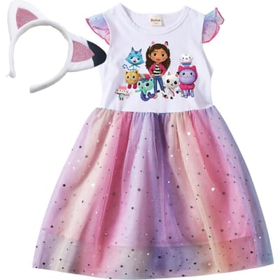 Maison de Poupées de Gabby pour Enfants Chats Robe de Princesse Été Décontracté Filles Robe en Maille Arc-en-ciel Enfants Carnaval Mariage Fête d'Anniversaire Robe 100 3T white