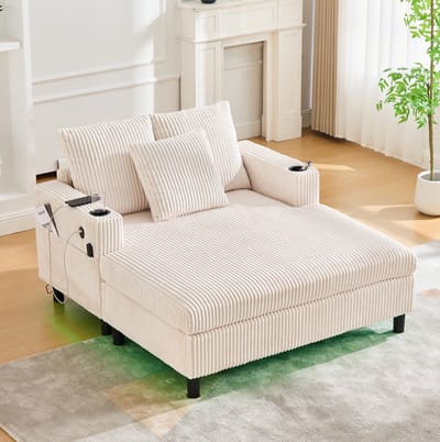 DESMIU Fauteuil 142 X 128 X 85 Cm - Met USB-Aansluiting, Bekerhouders En Led-Sfeerverlichting - Voor Woonkamer En Slaapkamer - Velvet Beige