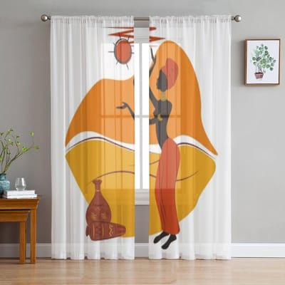 Afrikaans-Amerikaanse Vrouw Tule Transparante Gordijnen voor Woonkamer de Kamer Slaapkamer Keuken Decoratie Voile Organza Gordijnen 135W x 114H(cm) orange