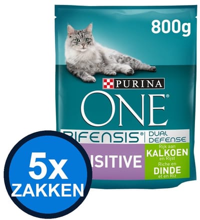 5x Purina One - Adult Sensitive Kalkoen - Kattenvoer Droogvoer - 800 g