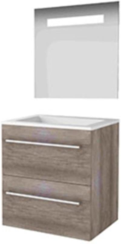 Basic-Line Economic 46 Badkamermeubelset - 60 x 46 cm - Met Grepen - 2 Lades - Acryl Wastafel - Zonder Kraangat - Spiegel met LED Verlichting - Scotch Oak