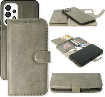Casemania Hoesje Geschikt voor Samsung Galaxy A13 4G - Grijs - 2 in 1 Luxe Kunstlederen Portemonnee Book Case met Extra Vakken