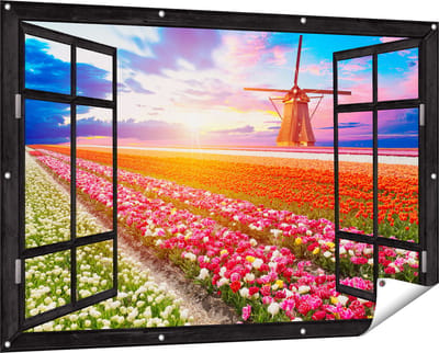 Gards Tuinposter Doorkijk Kleurrijke Bloemenveld met een Windmolen - 150x100 cm - Tuindoek - Tuindecoratie - Wanddecoratie buiten - Tuinschilderij
