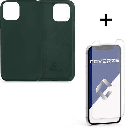 Coverzs Luxe Liquid Silicone case geschikt voor Apple iPhone 12 / 12 Pro - beschermhoes - siliconen backcover - optimale bescherming - donkergroen + glazen Screen Protector