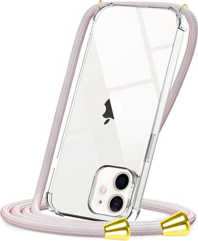 Hoesje met Koord geschikt voor iPhone 12 / 12 Pro Transparant - Doorzichtig Roze Shockproof Koord hoesje geschikt voor iPhone 12 | 12 Pro - Hoesje met touw - roze touw