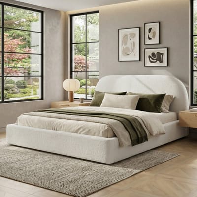 MODFU Tweepersoonsbed - Gestoffeerd Hoofdbord - Inliggende Constructie - Modern - Slaapkamer - Stof - Beige