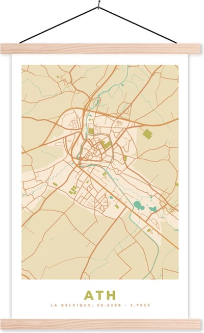 Posterhanger incl. Poster 40x60 cm - Schoolplaat - Kaart - België - Stadskaart - Plattegrond - Ath - Textielposter - Blanke latten - Stadskaart