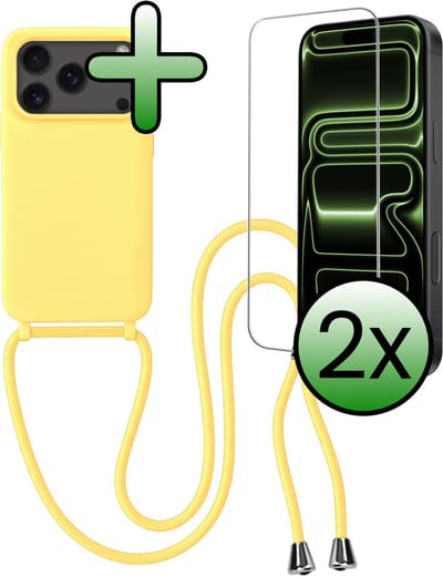 Hoes Geschikt voor iPhone 17 Pro / 18 Pro Hoesje Met Koord Met 2x Screenprotector - Telefoonhoesje Geschikt voor iPhone 17 Pro / 18 Pro Backcover Met Afneembaar Koord - Geel