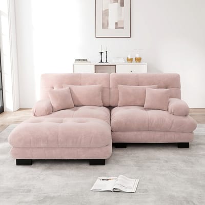 Pugsdrly Cloud hoekbank voor woonkamer, dubbele bank in chenille met 2 lendenkussens en 2 sierkussens, gestoffeerde bank met brede armleuningen en poef, roze chenille