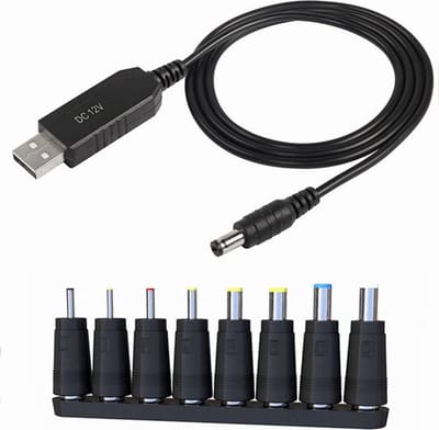 12V USB naar DC Power supply - met 8 opzetstukken - voedingskabel - 1M - voeding - 5V naar 12V booster adapter kabel - universeel - zwart