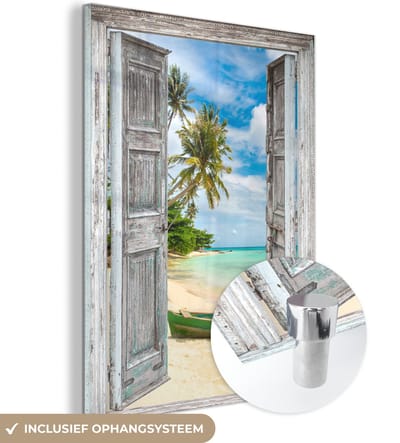 MuchoWow® Glasschilderij 30x40 cm - Schilderij acrylglas - Kano - Strand - Palmboom - Strand - Doorkijk - Foto op glas - Schilderijen