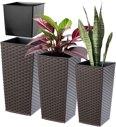 KADAX Bloempotset van Kunststof, Plantenbak voor Binnen en Buiten, Weerbestendig (Mokka Rotan, Set van 3 Stuks)