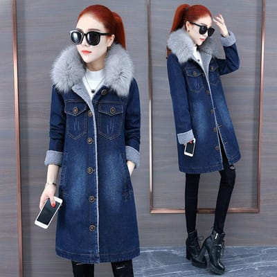 Verdikte gevlokte denim jas dames herfst winter lange denim parka letter borduurwerk denim trenchcoat met bontkraag XL gray