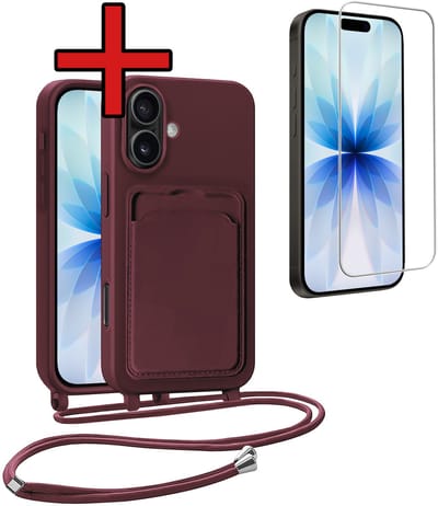 Hoesje Geschikt voor iPhone 17 Hoesje Met Telefoonkoord en Pasjeshouder Met Screenprotector Siliconen - Hoes Geschikt voor iPhone 17 Hoesje Met Kaarthouder Case - Aubergine