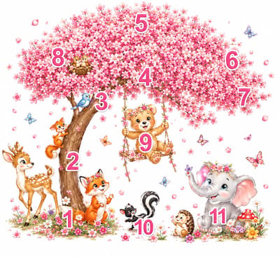 Grote Kersenbloesem Boom Muursticker met Bosdieren - Roze Bloemen - Baby- en Kinderkamer Decor