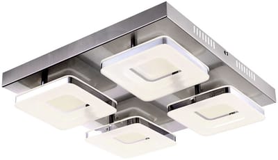 Plafondlamp Woonkamerlamp Eetkamerlamp Ganglamp, 4 vlammen, stalen chroomring mat nikkel, 4x LED 18W 540Lm warm wit, LxBxH 39x39x7,5cm