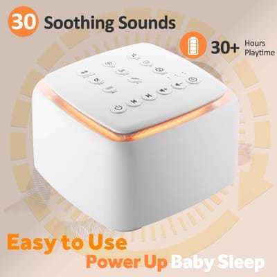 Slaapgeluidsmachine met 30 Rustgevende Geluiden & Warm Nachtlampje – Geluidsapparaat tegen Slapeloosheid en Huilbaby’s – Voor Baby’s en Volwassenen – 30 Uur Speeltijd, Oplaadbare Batterij